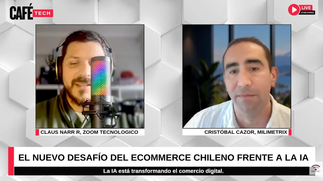 Cristóbal Cazor, de Milimetrix, en videollamada con Claus Narr, de Zoom Tecnológico, durante Café Tech, bajo el título El nuevo desafío del ecommerce chileno frente a la IA