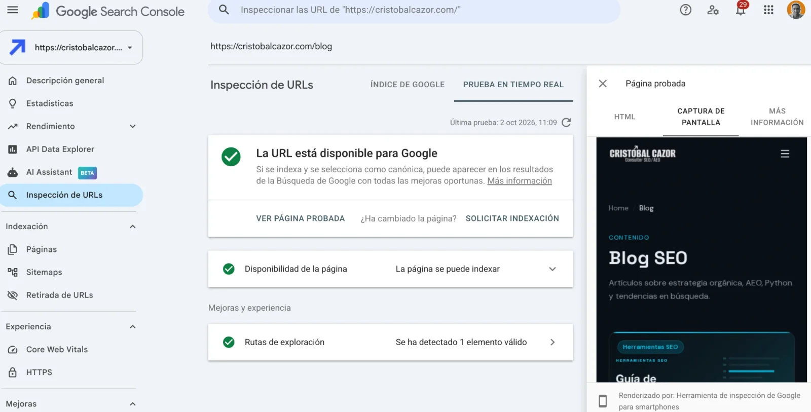 Inspección de URLs de Google Search Console con la prueba en tiempo real de cristobalcazor.com/blog y el panel de página probada con las pestañas HTML, captura de pantalla y más información