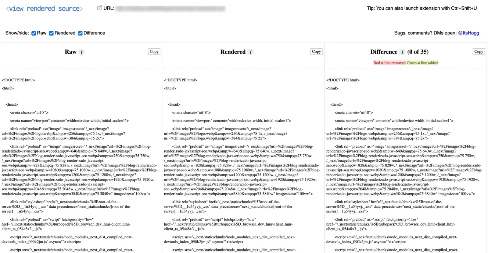 Extensión View Rendered Source con tres columnas: el HTML que entrega el servidor (Raw), el HTML después de ejecutar JavaScript (Rendered) y las diferencias entre ambos