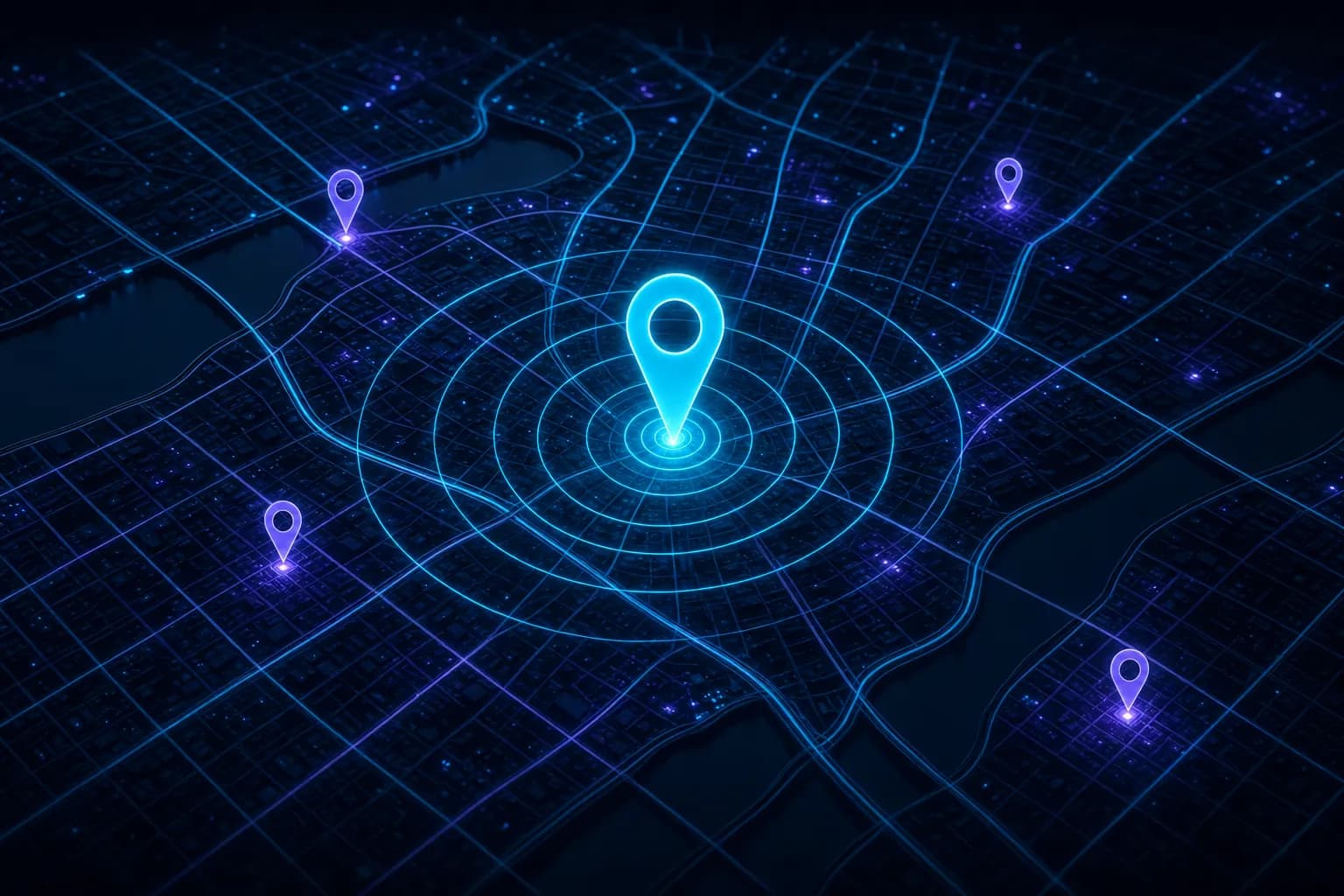 Mapa estilizado visto desde arriba con un pin de ubicación cian brillante y anillos de radio concéntricos sobre una cuadrícula de calles, en tono oscuro