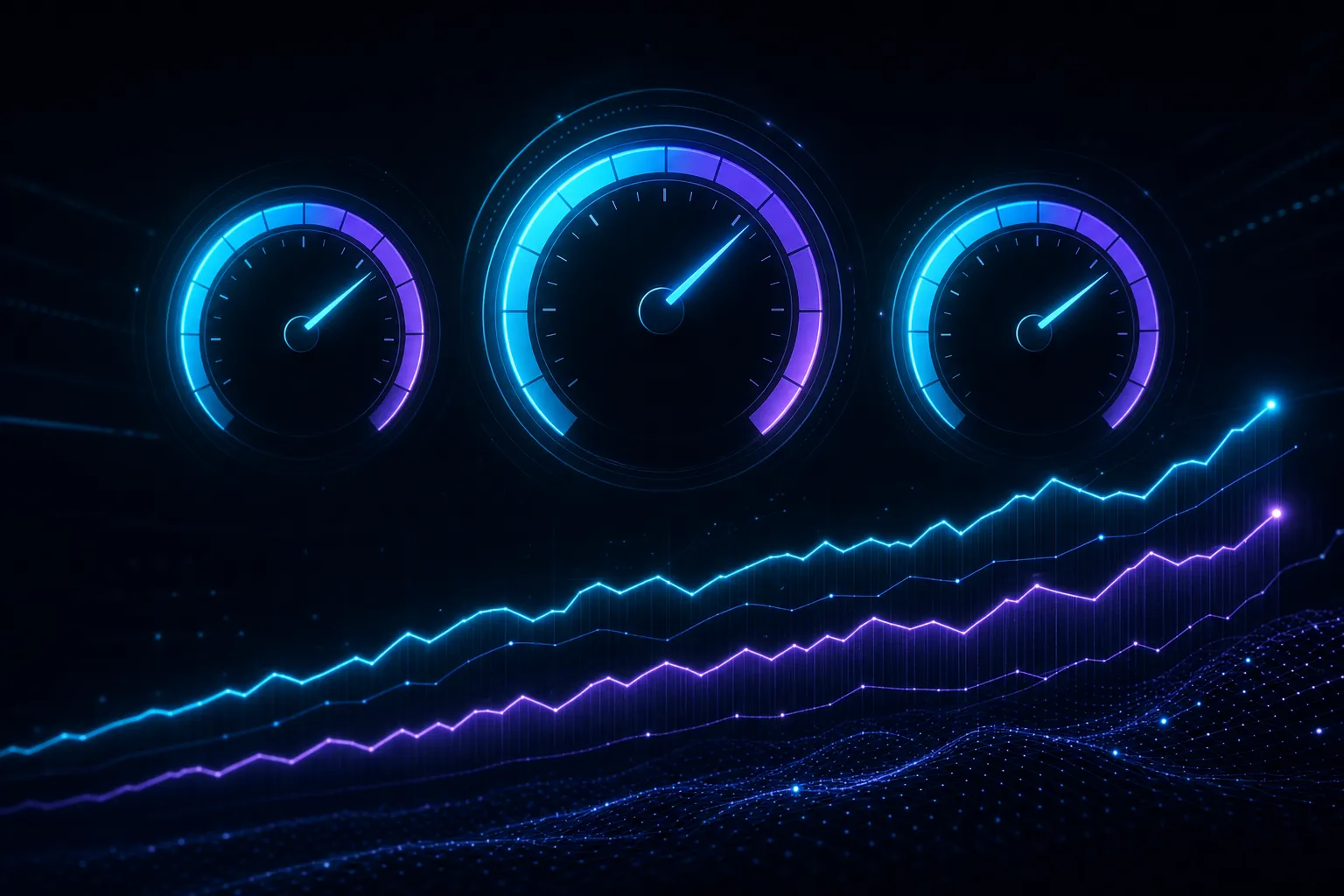 Dashboard abstracto de Core Web Vitals con tres medidores circulares y gráficos de rendimiento ascendentes en tono oscuro y acentos cian